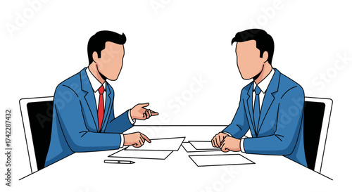 Two businessmen in suits are sitting at a table and discussing documents 1.