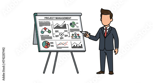 Business presentation of project management with a man pointing at the board.