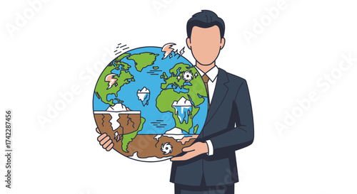 Man holding a globe with environmental disasters climate change concept.