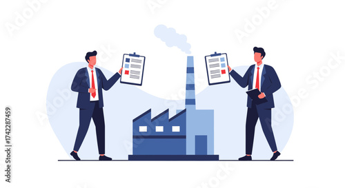 Businessmen inspecting factory with clipboards industrial concept quality control.