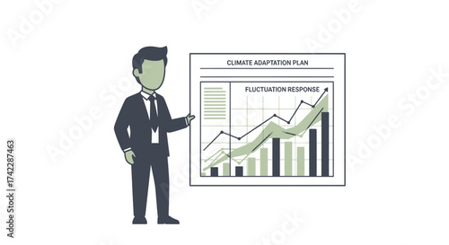 Business professional presenting climate adaptation plan with fluctuation response graph.