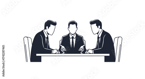 Business meeting of three people in suits sitting at a table.