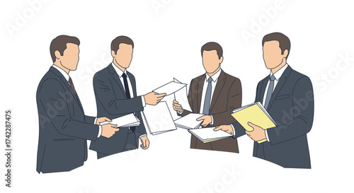 Business team members in suits exchanging documents during a meeting.