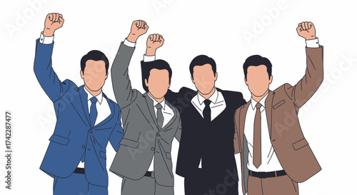 Group of businessmen raising their fists in the air celebrating success and victory.