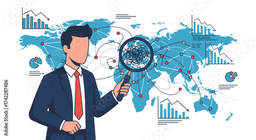 Business man analyzing global network with magnifying glass.