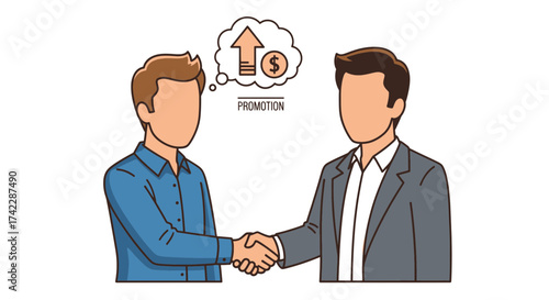 Business promotion handshake agreement between two people with thought bubble.