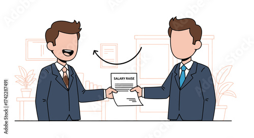 Two businessmen exchanging a salary raise document in an office setting.