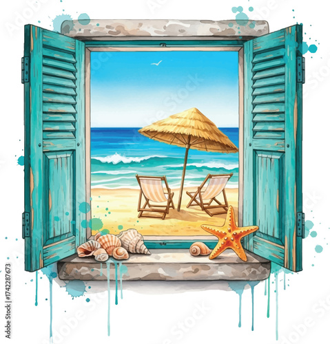 Watercolor Painting: Beach View Through Open Turquoise Shutters