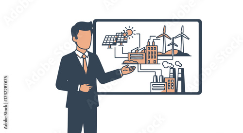 Man presenting renewable energy sources on a whiteboard for sustainable development.