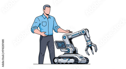 Man with robotic arm futuristic technology industrial design engineering concept.