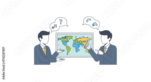 Business people discussing global strategy with world map and question marks.