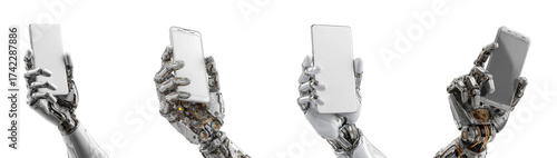 Robot hands holding smartphones in a modern tech environment, isolated on transparent background, png set