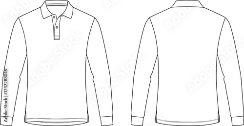 cad drawing flat vector illustration, long sleeve polo shirt template, collar button placket menswear fashion sketch, apparel technical design