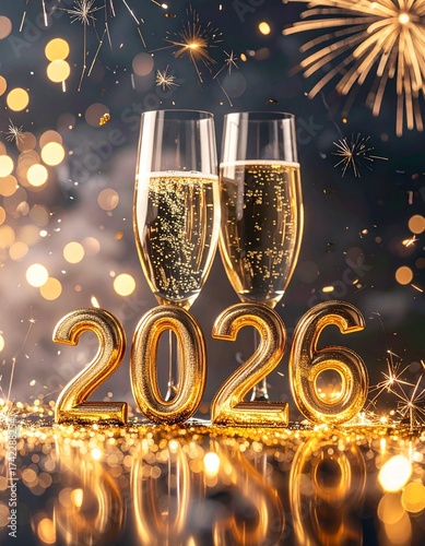 celebración de Año Nuevo 2026. Fondo oscuro elegante con destellos dorados y plateados. Números '2026' en el centro con textura metálica brillante, reflejando luces de fuegos artificiales sutiles