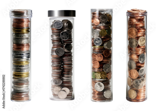 Counting coins coin collection in clear tubes, isolated on transparent background, png set