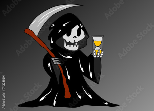 A cartoon illustration of the Grim Reaper, the personification of death, standing against a dark grey gradient background