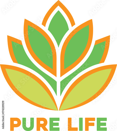 Pure life logo with green and orange lotus flower design