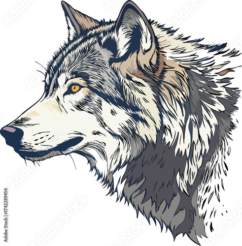 Striking wolf head artwork with intense gaze, a powerful symbol of wilderness and strength, originally created as scalable vector art