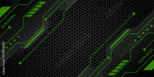 Dark steel mesh abstract background with black and green polygon shapes, free space for design. modern technology innovation concept background.