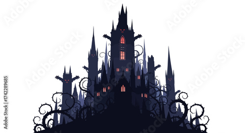 Spooky haunted castle silhouette with glowing red eyes, perfect for Halloween cards, party invitations, or a scary themed event, design element