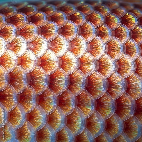Macro Photography: An Enchanting Perspective on Redfish Scales, Unveiling Intricate Iridescent Textures and Luminous Reflections Under Subtle Ambient Underwater Lighting