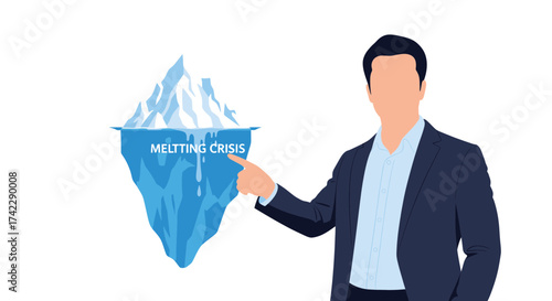 Businessman pointing at melting iceberg representing climate crisis and global warming.