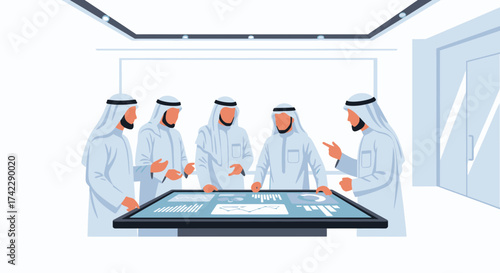Arabian business team discussing data analysis in a modern office.