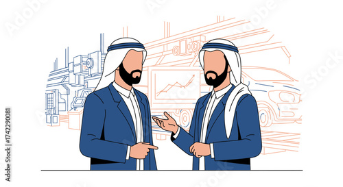 Two Arab Businessmen Discussing Project in Modern Factory Setting.