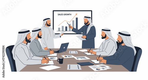 Business meeting of Arab men discussing sales growth and strategies with charts and graphs.