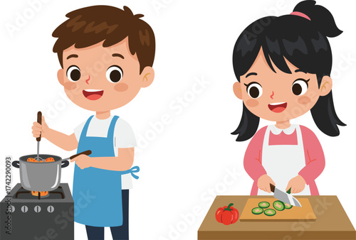 Children cooking together, boy stirring pot, girl slicing vegetables, teamwork in kitchen, healthy food preparation, culinary skills, cartoon illustration, kids chef
