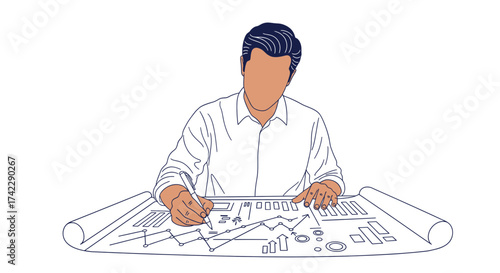 Architect working on a blueprint designing a new project drawing plans.
