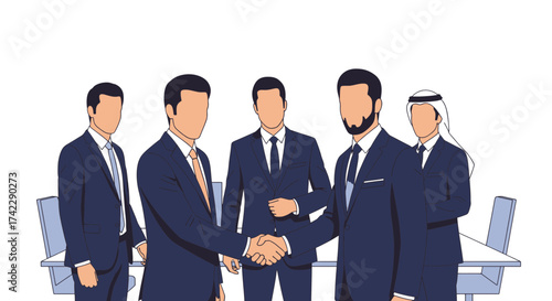 Businessmen in suits shaking hands at a meeting business deal concept.