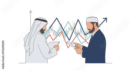 Two Arab businessmen analyzing financial data and market trends together.