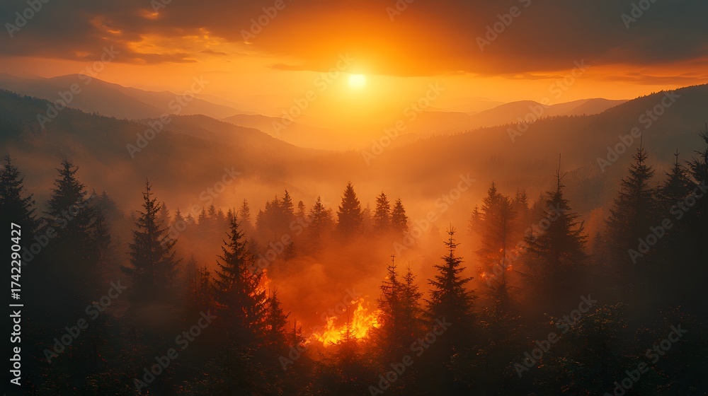 Naklejka premium A dramatic wildfire burns fiercely within a misty mountain forest during a vibrant sunset casting an orange glow over the landscape