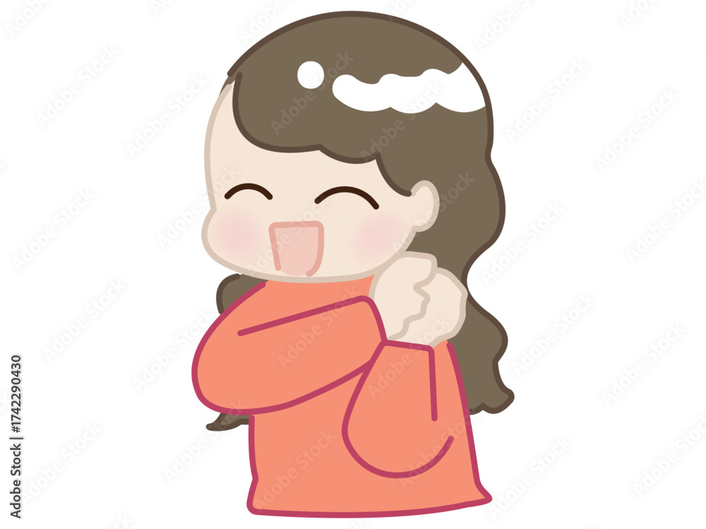 Fototapeta premium 赤い服の女性が喜ぶポーズを取っているイラスト