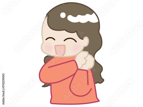 赤い服の女性が喜ぶポーズを取っているイラスト