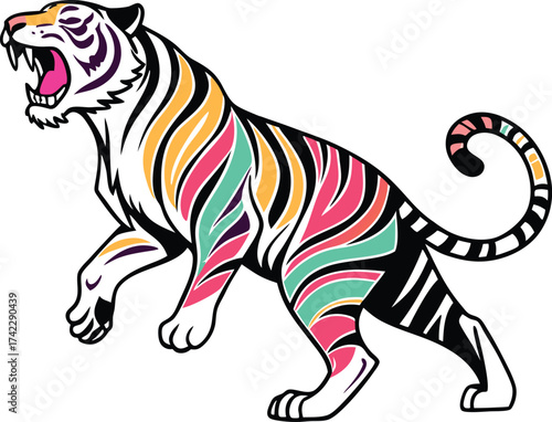 Fierce stylized tiger roaring with vibrant abstract colorful stripes, powerful animal art for dynamic designs and bold branding projects
