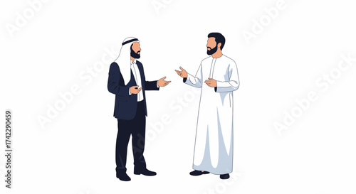 Two Arab men in traditional attire having a conversation gesturing with hands.