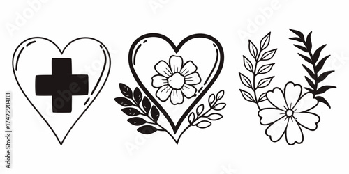 Three heart shaped designs with a cross flower and floral arrangement in black and white outline style