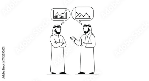 Two Arab men discussing business with charts and graphs in thought bubbles.