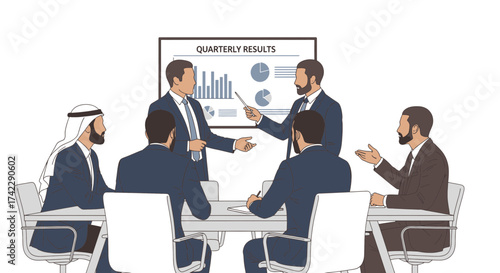 Business meeting with diverse group of people discussing quarterly results in conference room.