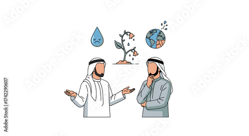 Two Arab men discussing environmental issues and climate change concerns.