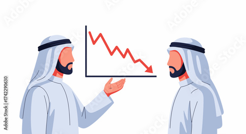 Arab businessmen discussing financial decline with downward trend graph.