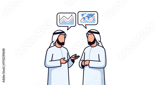Two Arab men discussing financial data and market trends with charts.