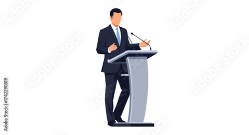 Man in a suit giving a speech at a podium.
