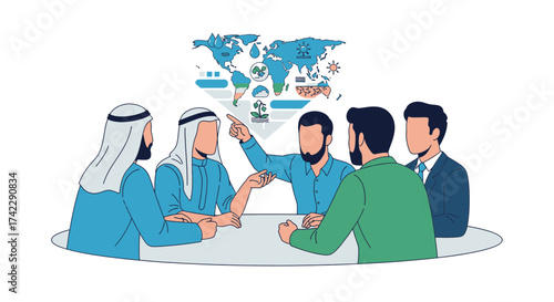 Business meeting discussing environmental issues and global initiatives for sustainability.