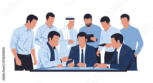 Business meeting of diverse professionals discussing project strategy and collaboration.