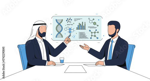 Two businessmen discussing scientific research and data analysis at a meeting.