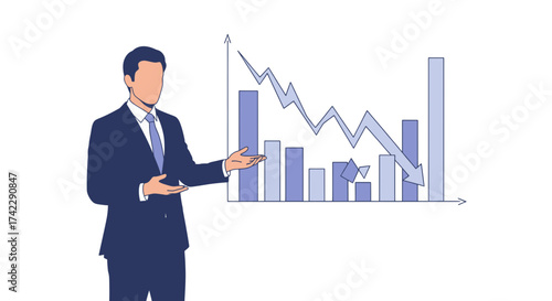 Business presentation of a man in a suit showing a declining graph.