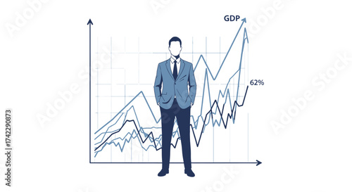 Business professional standing in front of a rising GDP graph economic growth concept.